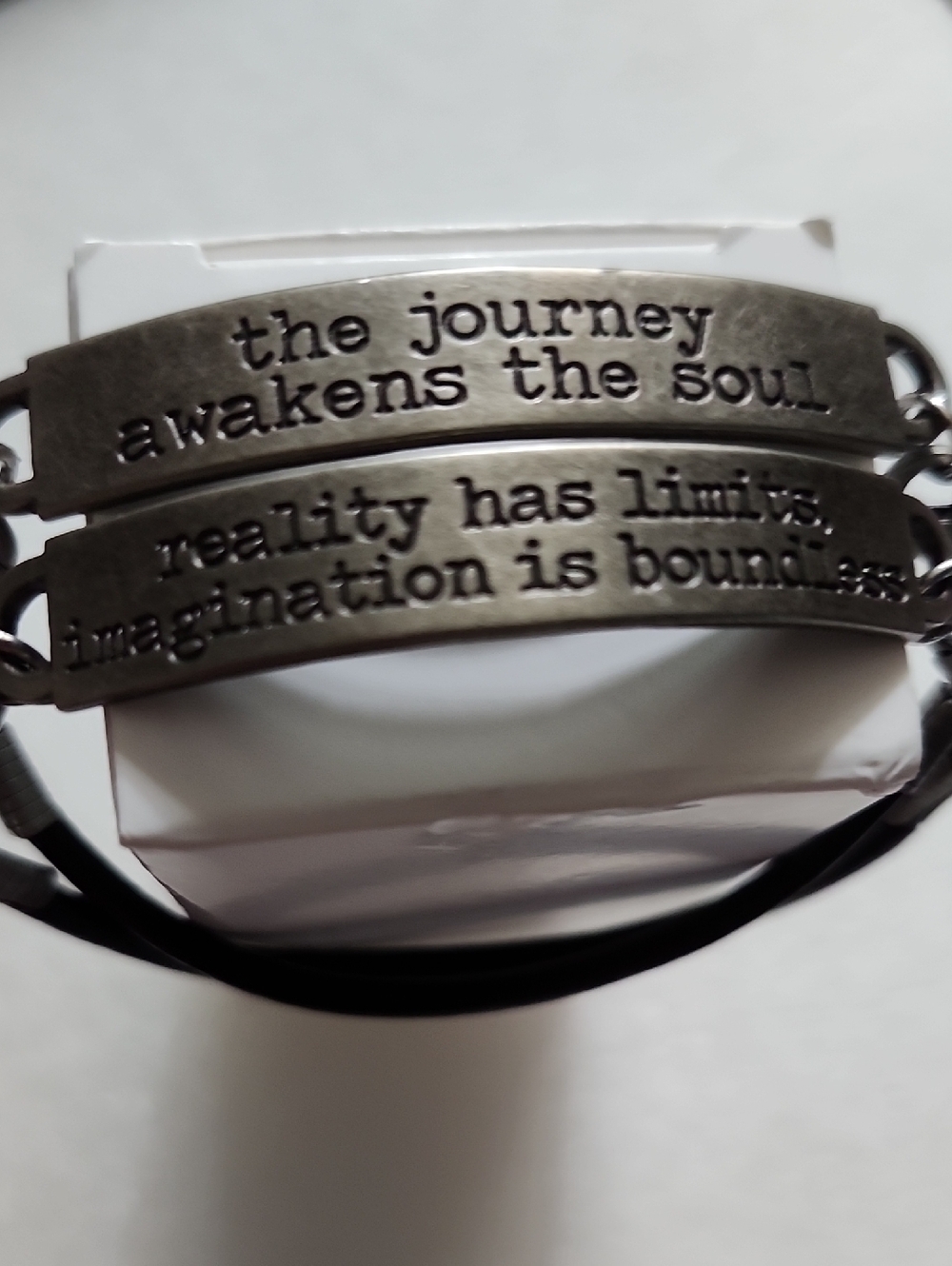 Set Of 2 Inspirational Bar Bracelets - Silver Toned & Black Cord
